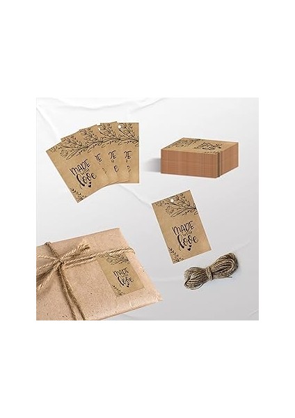 Colortouch Made With Love Kraft Paketleme Etiketleri - 100 Adet Kraft Etiket Jut Iple Birlikte - 5