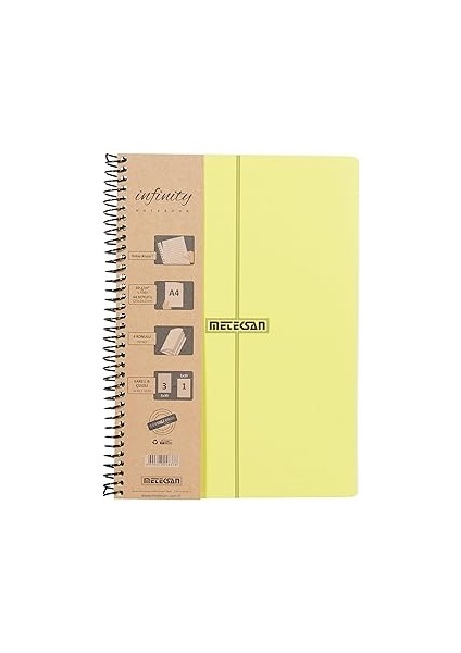 Meteksan Infinity Primary Serisi, A4, 4 Konulu (3 Kareli, 1 Çizgili) 120 Yaprak Pp Kapaklı Spiralli