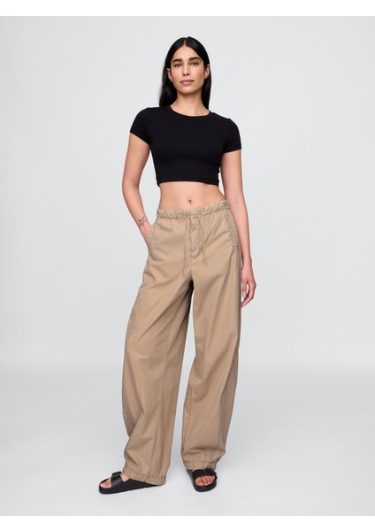 Kadın Bej Mid Rise Barrel Paraşüt Pantolon