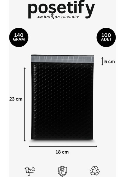 Balonlu Siyah Kargo Poşeti 18X23+5 cm | 140 gr Bantlı Patpatlı Kargo Poşeti | 100’LÜ