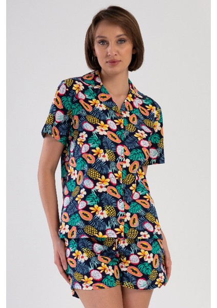 Pamuklu Kadın Yaka Tamamı Düğmeli Kısa Kol Şortlu Pijama Takım , 408304