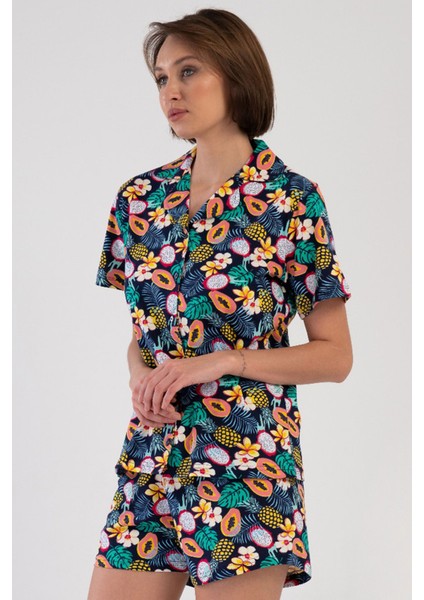 Pamuklu Kadın Yaka Tamamı Düğmeli Kısa Kol Şortlu Pijama Takım , 408304