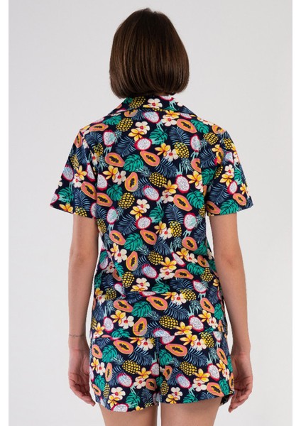 Pamuklu Kadın Yaka Tamamı Düğmeli Kısa Kol Şortlu Pijama Takım , 408304