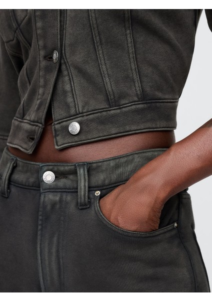 Kadın Siyah 11" Mid Rise Fransız Havlu Kumaş Denim Uzun Şort