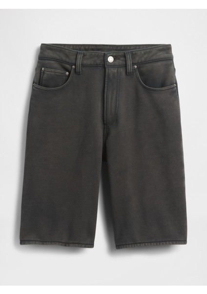 Kadın Siyah 11" Mid Rise Fransız Havlu Kumaş Denim Uzun Şort