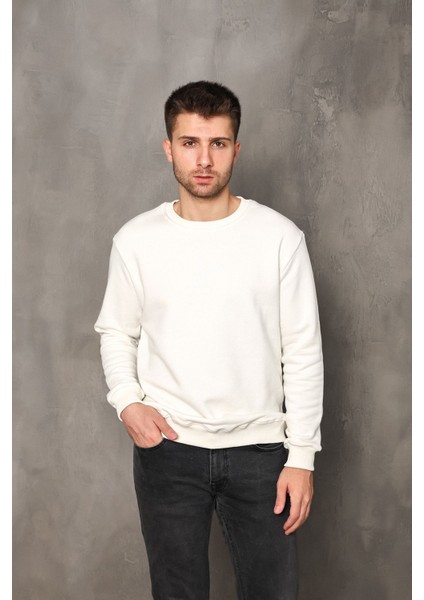 Erkek Ekru Renk Bisiklet Yaka Oversize Sweatshirt Unisex