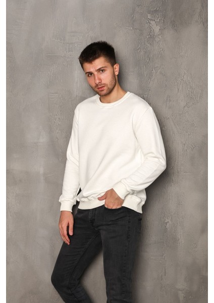 Erkek Ekru Renk Bisiklet Yaka Oversize Sweatshirt Unisex