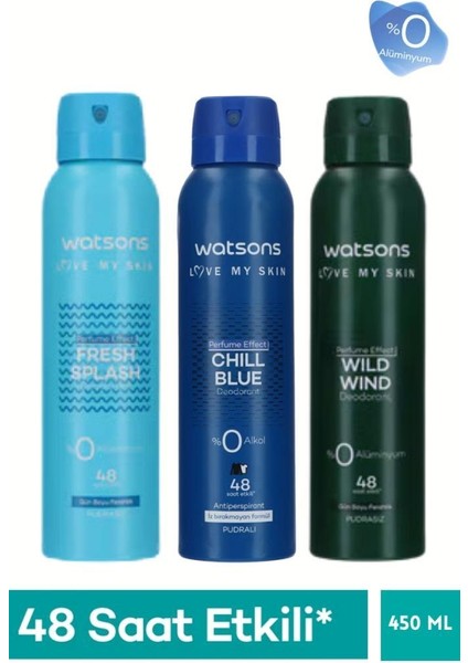 3’lü Erkek Deodorant Seti – Chill Blue Pudralı+Wild Wind+Fresh Splash Pudrasız 150 ml