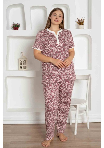 X-Dreamy Büyük Beden Likralı Pamuklu Çiçekli Kısa Kollu Pijama Takımı