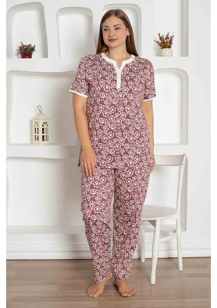 X-Dreamy Büyük Beden Likralı Pamuklu Çiçekli Kısa Kollu Pijama Takımı fırsatları
