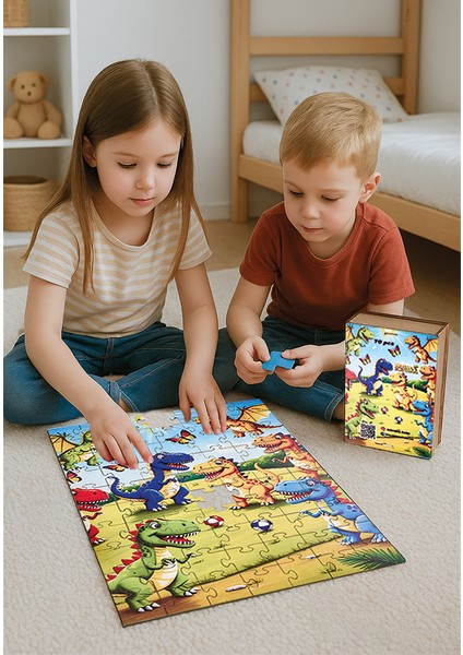 🦕 Dinozor Temalı Ahşap Puzzle – 70 Parça (32 x 42 Cm) | Ahşap Saklama Kutulu Eğitici Oyuncak