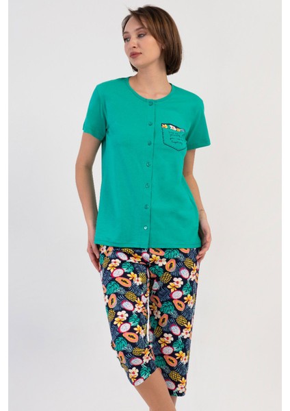 Pamuklu Kadın Tamamı Düğmeli Kısa Kol Kaprili Pijama Takım , 408301
