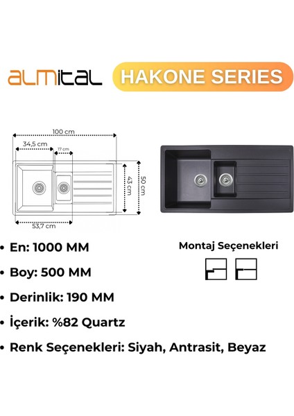 Granit Evye Hakone Series Black, 1.5 Göz, 100X50 (Siyah) fırsatları