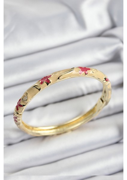 Mineli Pirinç Pembe ve Krem Çiçek Motifli Gold Renk Kadın Kelepçe