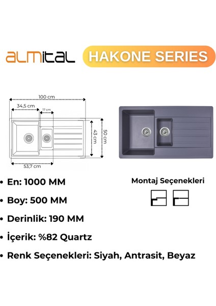 Granit Evye Hakone Series Anthracite, 1.5 Göz, 100X50 cm.(Antrasit)