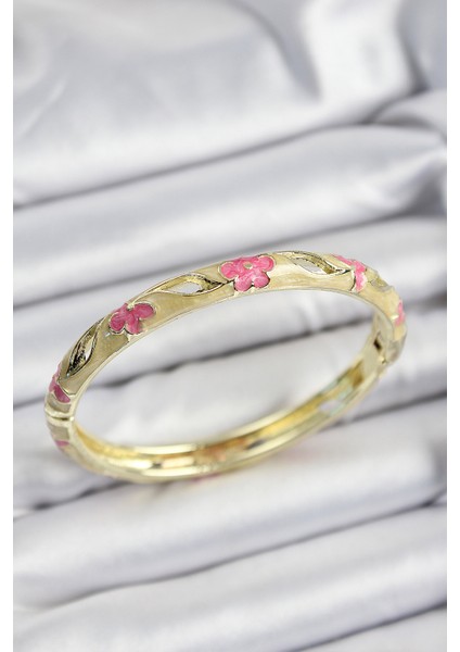 Mineli Pirinç Pembe ve Hardal Çiçek Motifli Gold Renk Kadın Kelepçe