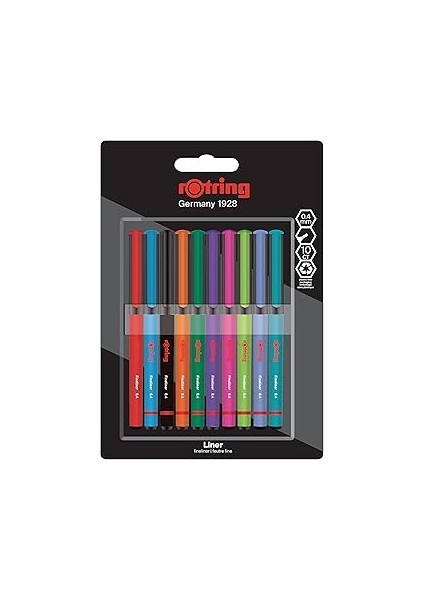 Rotring Fineliner, Ince Keçe Uçlu Kalem 0.4 Mm, 10'lu Paket, Karışık Renkler