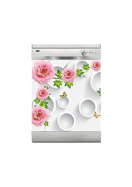 Bulaşık Makinesi Sticker Kaplama Beyaz Eşya Kaplama 3D Pembe Gül Çiçek