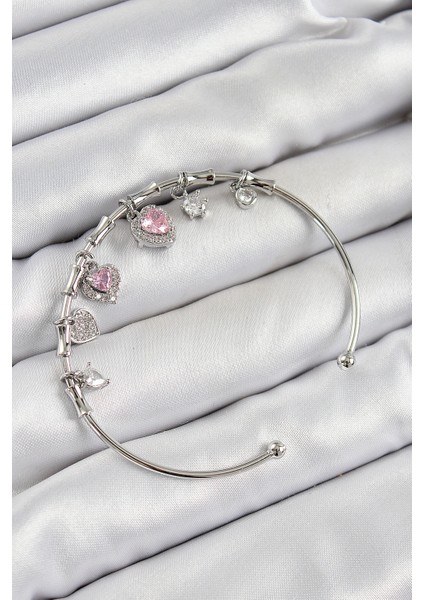Pirinç Zirkon Taşlı Pembe Kalp Model Gümüş Renk Charm Bileklik