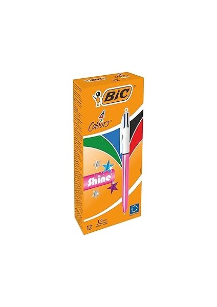 4 Colours Shine Pembe Gövde Tükenmez Kalem 12'li Kutu, 4 Renk (Mavi, Siyah,yeşil ve Kırmızı), 1