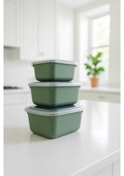 Snaplid Dikdörtgen 3’lü Saklama Kabı Seti – Bpa Free | 600ML 1100ML 1800ML – Şeffaf Kapaklı, Yeşil