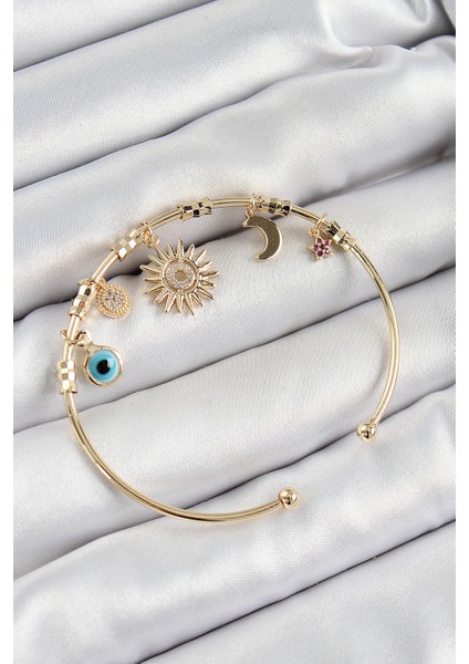 Pirinç Zirkon Taşlı Güneş Ay Nazar Model Gold Renk Charm Bileklik