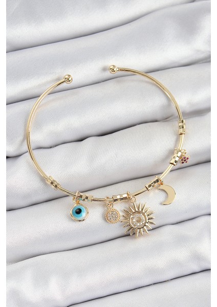 Pirinç Zirkon Taşlı Güneş Ay Nazar Model Gold Renk Charm Bileklik fiyatları