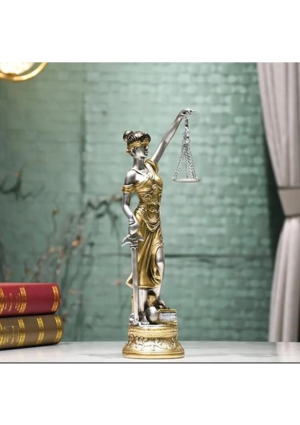 37 cm Ekstra Büyük Adalet Tanrıçası Heykeli - Altın Mızrak ve Terazi ile