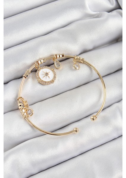 Pirinç Zirkon Taşlı Pusula Model Gold Renk Charm Bileklik