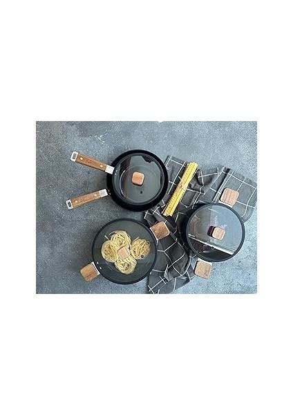 Bien Black 7 Parça Indüksiyonlu Tencere Tava Seti Akasya Ağacı Sap ve Kulpl