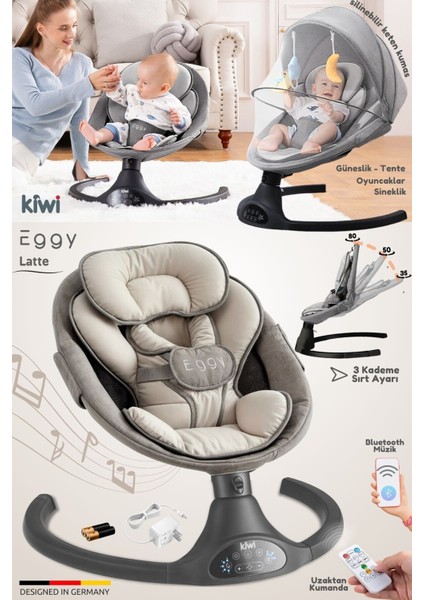 Eggy Plus Elektrikli Otomatik Sallanan Bebek Ana Kucağı, 5 Farklı Sallanma Hızı, Oyuncaklı, Latte