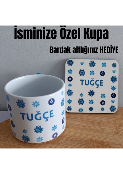 Göz Değmesin - Kişiselleştirilebilir Mavi T Kulplu 240ML Porselen Kupa Bardak