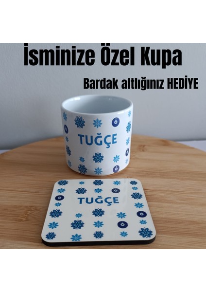 Göz Değmesin - Kişiselleştirilebilir Mavi T Kulplu 240ML Porselen Kupa Bardak modelleri