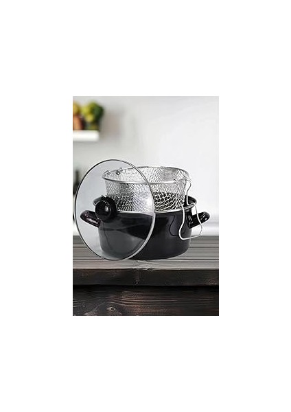 Pr Home Emaye Cam Kapaklı Kızartma Tenceresi 24 cm Siyah
