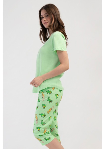 Pamuklu Kadın Kısa Kol Kaprili Pijama Takım , 408281