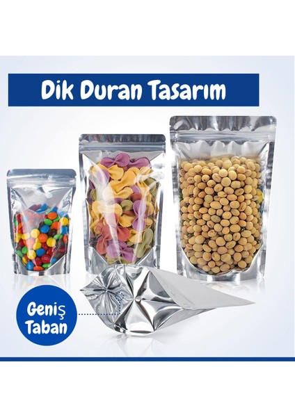 20 Adet 11X18 Gıda Uyumlu Kilitli Şeffaf Metalize Doypack Poşet Çok Amaçlı Saklama Poşeti