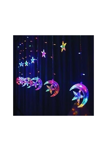 Kialed Perde LED Yıldız ve Ay Temalı Perde Işıkları, Pilli ve Usbli, Dekoratif Aydınlatma (Rgb)