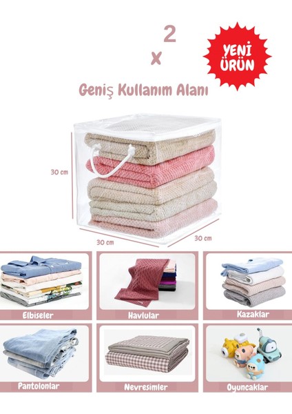 2li Pvc Küp Çanta Şeffaf Fermuarlı Kıyafet, Battaniye, Nevresim Saklama Hurcu 30X30X3X30