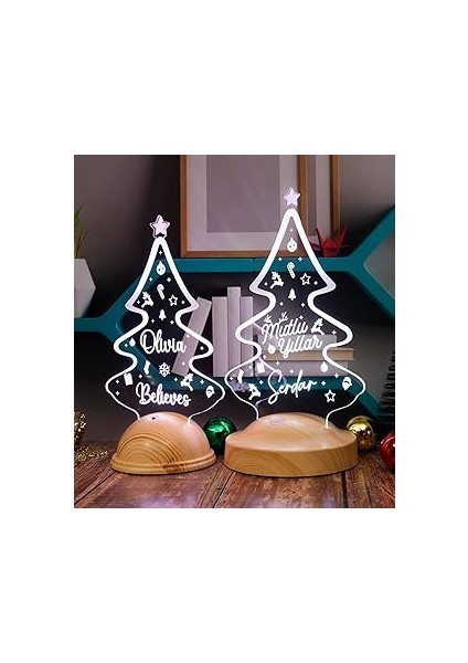 Sevgilambası Yılbaşı Çam Ağacı Tasarımlı Kişiye Dekoratif LED Lamba Yeni Yıl Hediyesi LED Işık