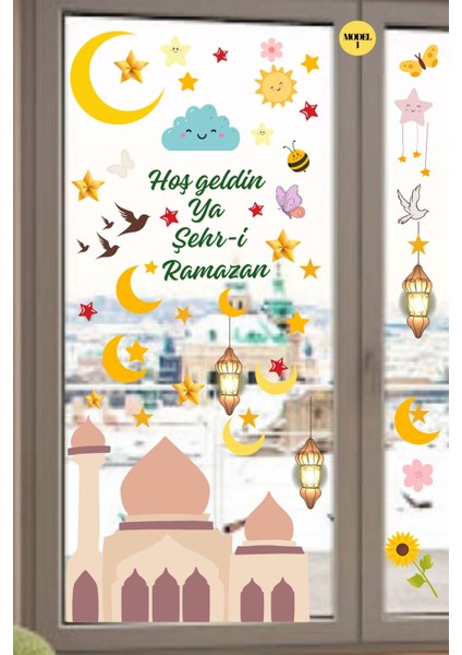 50X70 Ramazan Temalı Cam Duvar Kapı Süsleri Model- 1 Hoşgeldin Ramazan Süsleri Sticker modelleri