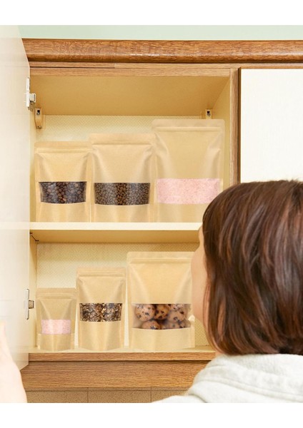 10 Adet 13X22,5 Gıda Uyumlu Kilitli Kraft Pencereli Doypack Poşet Çok Amaçlı Saklama Poşeti