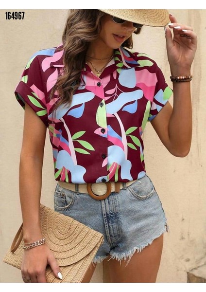Kadın Moss Krep Kumaş Kısa Kol Çiçek Desenli Gömlek