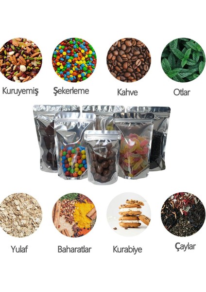 500 Adet 11X18 Toptan Gıda Uyumlu Kilitli Şeffaf Metalize Doypack Poşet Çok Amaçlı