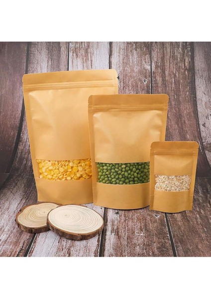500 Adet 13X22,5 Toptan Gıda Uyumlu Kilitli Kraft Pencereli Doypack Poşet Çok Amaçlı
