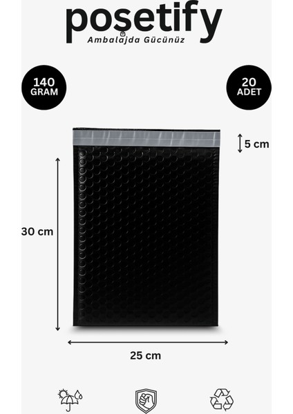 Balonlu Siyah Kargo Poşeti 25X30+5 cm | 140 gr Bantlı Patpatlı Kargo Poşeti | 20’li E-Ticaret Poşeti