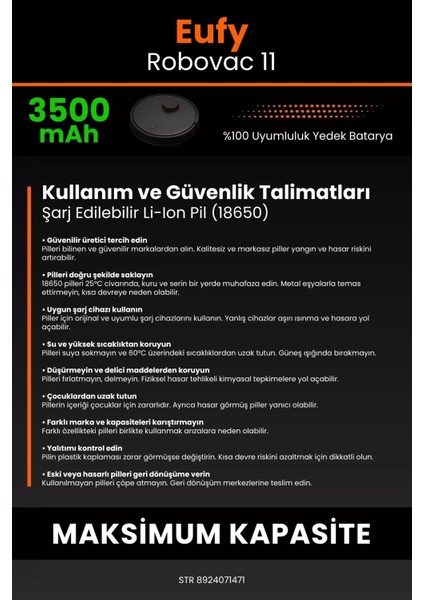 Robo- Mi Eufy Robovac 11 3500MAH Robot Süpürge Bataryası - Gerçek Kapasite, Maksimum Güvenlik