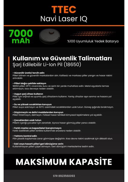 Robo- Mi Ttec Navi Laser Iq 7000MAH Robot Süpürge Bataryası - Sertifikalı Güvenlik, Gerçek Kapasite