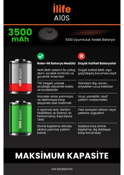 Ilife A10S 3500MAH Robot Süpürge Bataryası - Yüksek Yoğunluklu Li-Ion Hücre