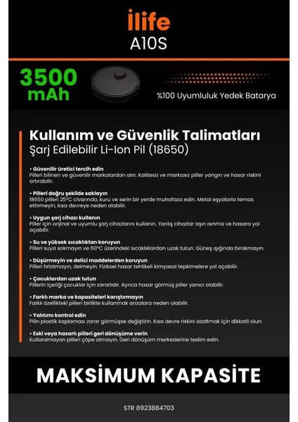 Ilife A10S 3500MAH Robot Süpürge Bataryası - Yüksek Yoğunluklu Li-Ion Hücre