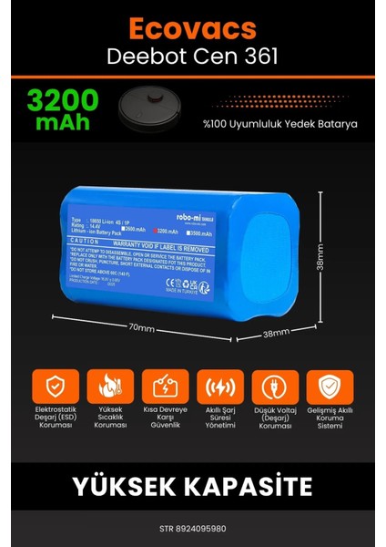 Ecovacs Deebot Cen 361 3200MAH Robot Süpürge Bataryası - Gerçek Kapasite, Maksimum Güvenlik fiyatları